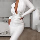 Sexy Deep V Long Sleeve Pure Colour Bodycon Dresses