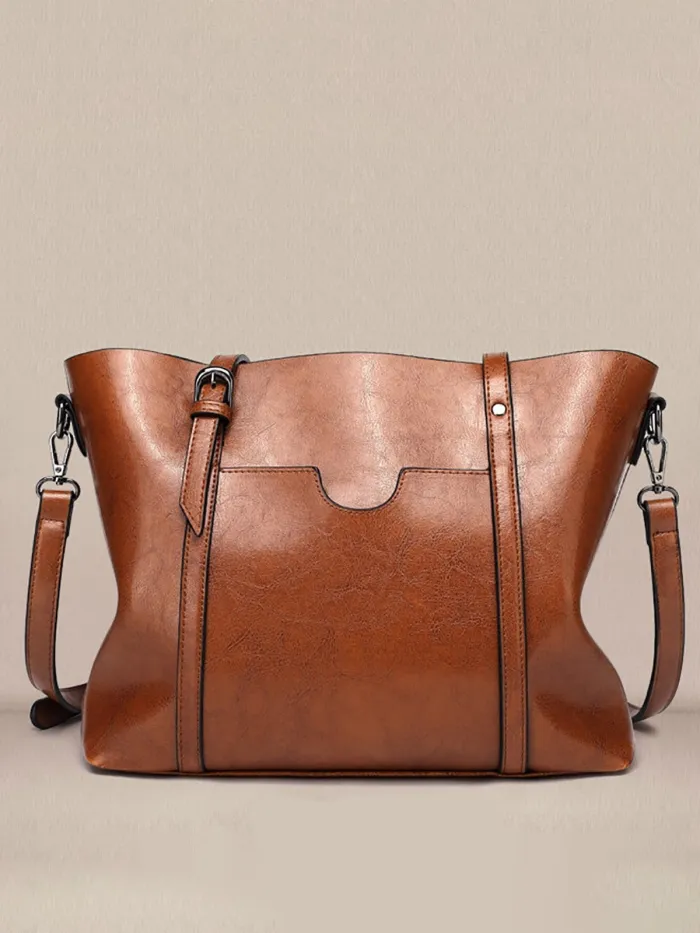 Women Oil Leather Tote Casual Front Pockets Crossbody Bags Handbags