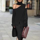 Finalpink Fashion High Collar Off Shoulder Grey Irregular Knit Top