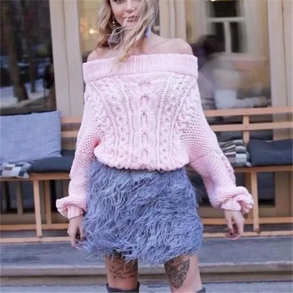 Sexy one word led off-the-shoulder solid color sweater
