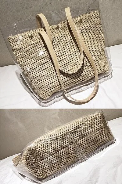 Women's Causal Snap PVC Woven Straw Tote Bag
