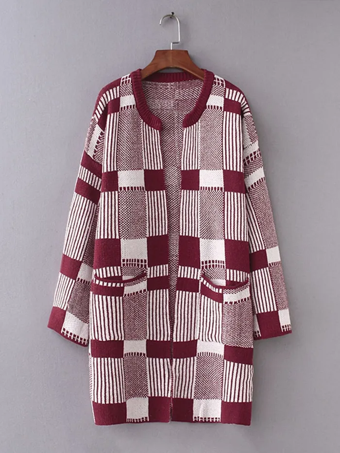 Knitted Casual Paneled Geometric 2018 Women's Warmest Cardigans