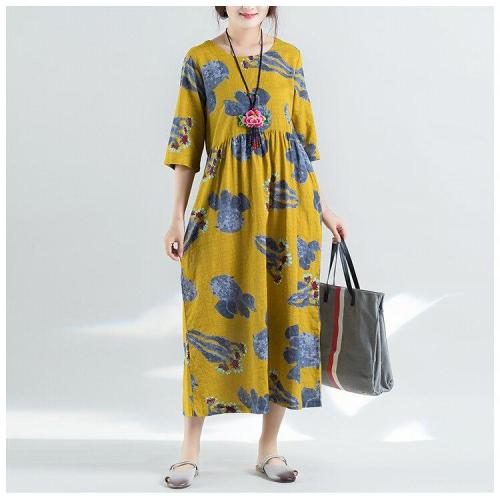 Floral Printed Short Sleeve Cotton&Linen Maxi Dress