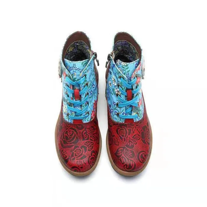 Ethnic style flower flat with zipper boots