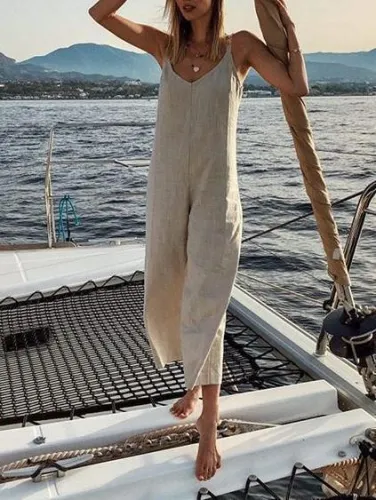 Jumpsuit For Women Loose Casual V Neck Cotton And Linen Wide Leg Jumpsuit