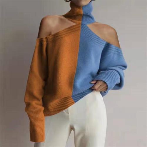 Fashion High Collar Off Shoulder Color Block Sweater
