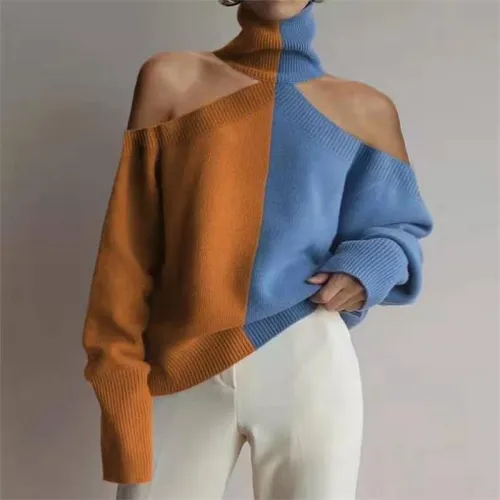 Fashion High Collar Off Shoulder Color Block Sweater