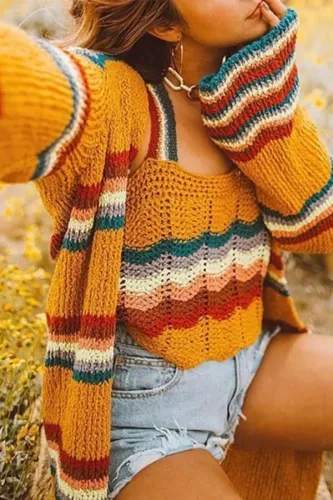 Cute Long Sleeve Printed Color Striped Cardigan