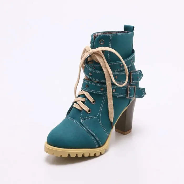 Women Lace Up Booties Casual Comfort Chunky Heel Shoes