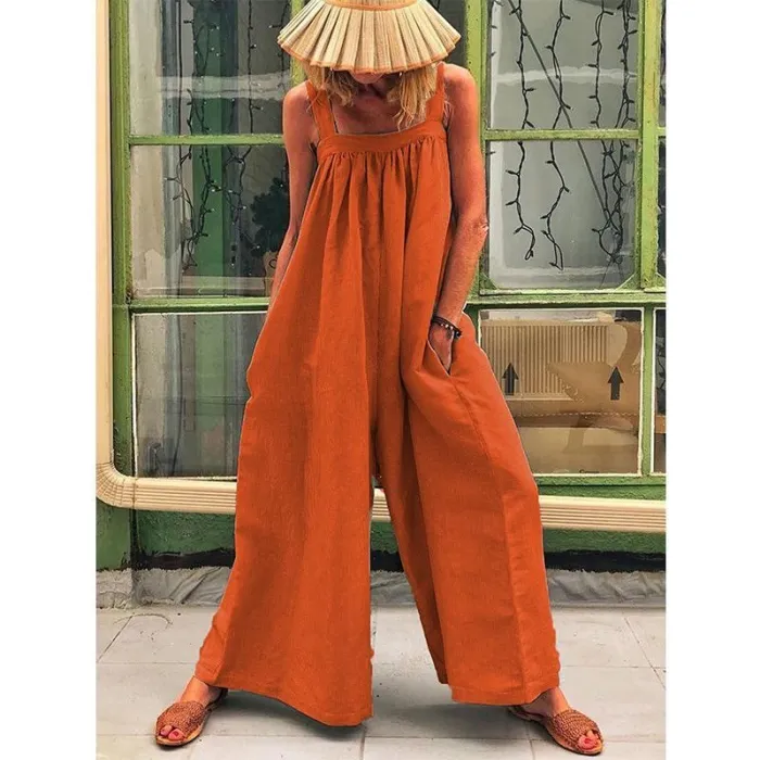 Casual Solid Sleeveless Spaghetti Jumpsuit Wide Leg Pants