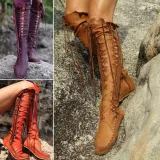 Women PU Booties Casual Lace Up Knee Length Flat Shoes