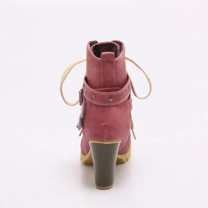 Women Lace Up Booties Casual Comfort Chunky Heel Shoes