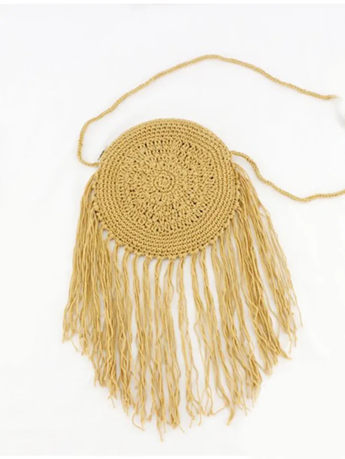 Women Hand-Woven Straw Shoulder Bag Tassel Beach Bag Handbag