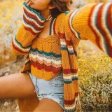 Cute Long Sleeve Printed Color Striped Cardigan