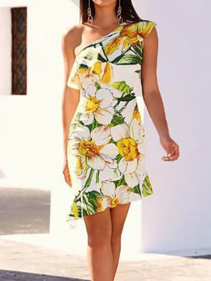 Sexy Floral One Shoulder Sleeveless Irregular Ruffled Hem Bodycon Dress