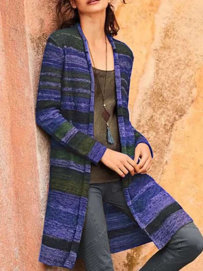 Casual Color-Block Cotton-Blend Long Sleeve Cardigan