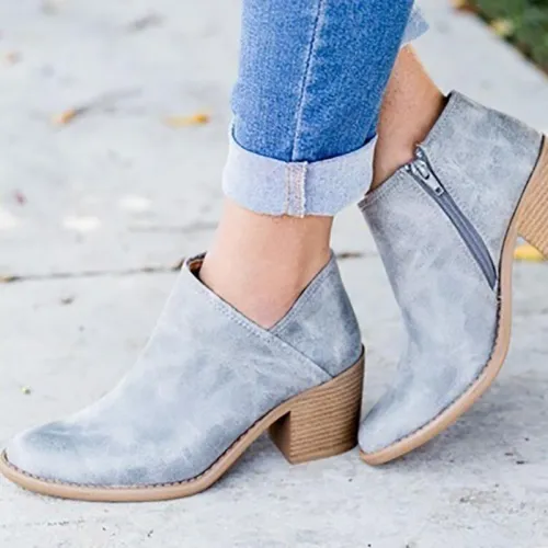 Womens Fashion Ankle Zipper Pointed Toe Chunky Booties