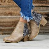 Women Sequined Splicing Chunky Heel Side Zipper Ankle Boots