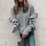 Fashion Pure Colour Ruffled Loose Round Neck Sweater
