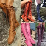 Women PU Booties Casual Lace Up Knee Length Flat Shoes