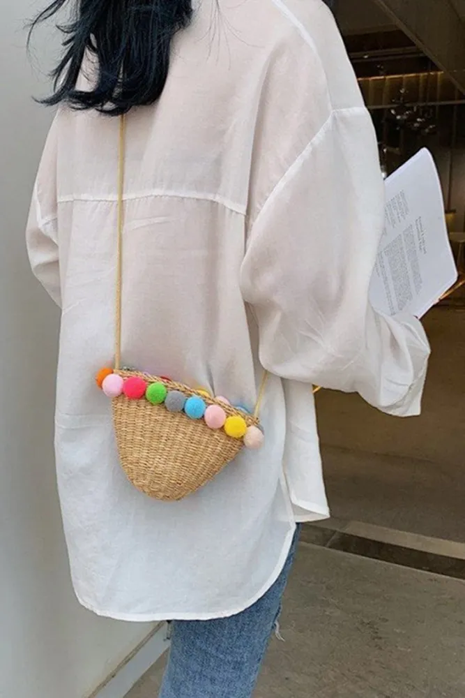 Women's Beach  Color  Zipper Rope Woven Straw Sling Bag Handbag