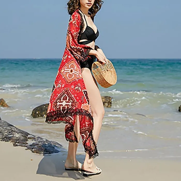 Lace Splicing Chiffon Long Suntan Cardigan