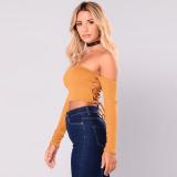 Sexy Backless Hollow Out Off the Shoulder Lace Up Long Sleeve Knitted Tops