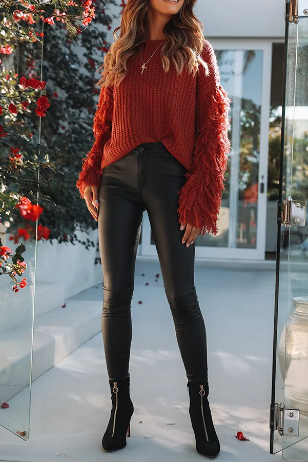 Fashion Round Collar Tassels Long Sleeves Plain Knitting Sweater