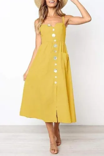 Fashion Off Shoulder Plain Button Embellished Vacation Dress