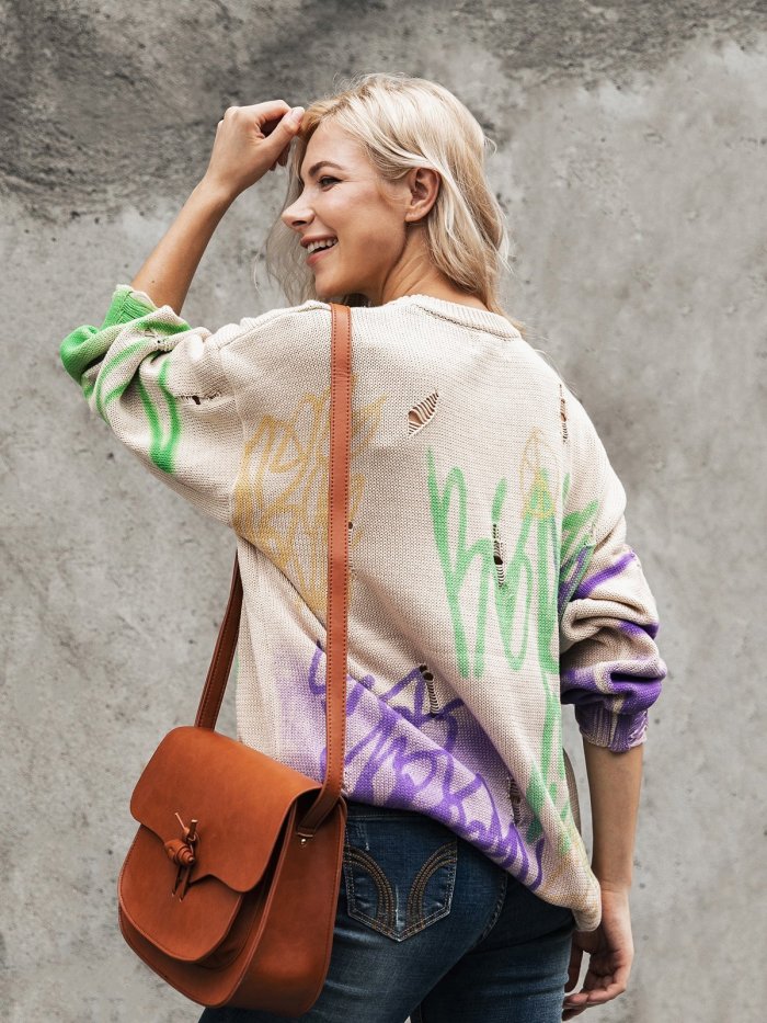 Long Sleeve Shift Color-Block Crew Neck Sweater