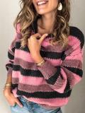 Color-Block Striped Long Sleeve Crew Neck Sweaters