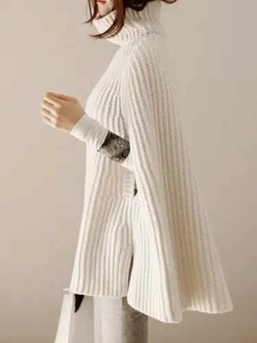 Turtleneck Slit Solid Knitted Casual Cape Sleeve Sweater