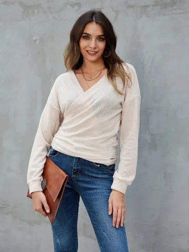 Apricot Casual Surplice Neck Knot Front Sweaters