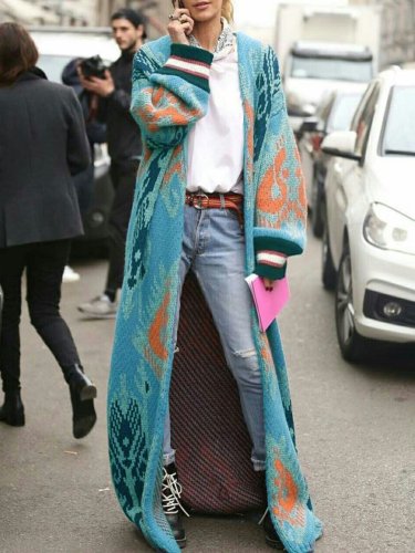 Blue Knitted Printed Long Sleeve Outerwear