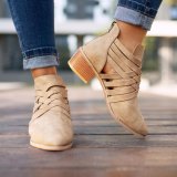 Plus Size Criss-Cross Ankle Heel Booties Hollow-out PU Boots