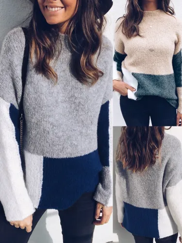 Patchwork Long Sleeve Casual Paneled Sweaters