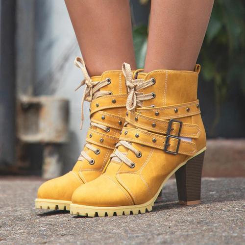 Women Lace Up Booties Casual Comfort Chunky Heel Shoes
