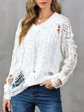 V Neck Casual Long Sleeve Ripped Sweaters