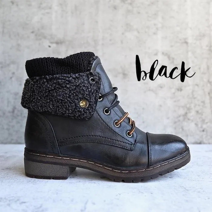 Winter Handmade Leather Knit Sweater Cuff Ankle Boots