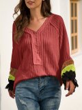 Casual V Neck Long Sleeve Beaded Shift Sweaters
