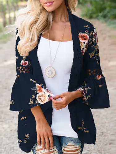 Lace Splicing Flare Sleeves Floral Cardigan