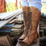 Lace-Up Winter Knee-High Boots Chunky Heel Artificial Leather Boots