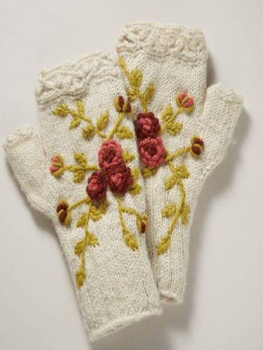 White Floral Knitted Casual Gloves & Mittens