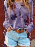 V Neck Long Sleeve Casual Floral Sweaters