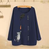 Cat Fish Print Shirt Round Neck Long Sleeve Cotton Linen Casual Blouse