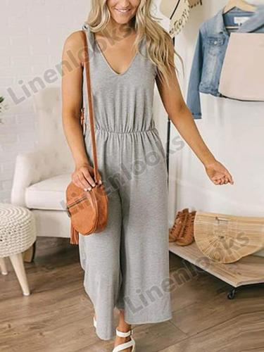Casual V Neck Sleeveless Pure Colour Pleated Jumpsuit