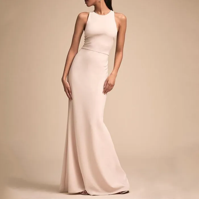 Fashion Bare Back Across Sleeveless Pure Colour Evening Dress