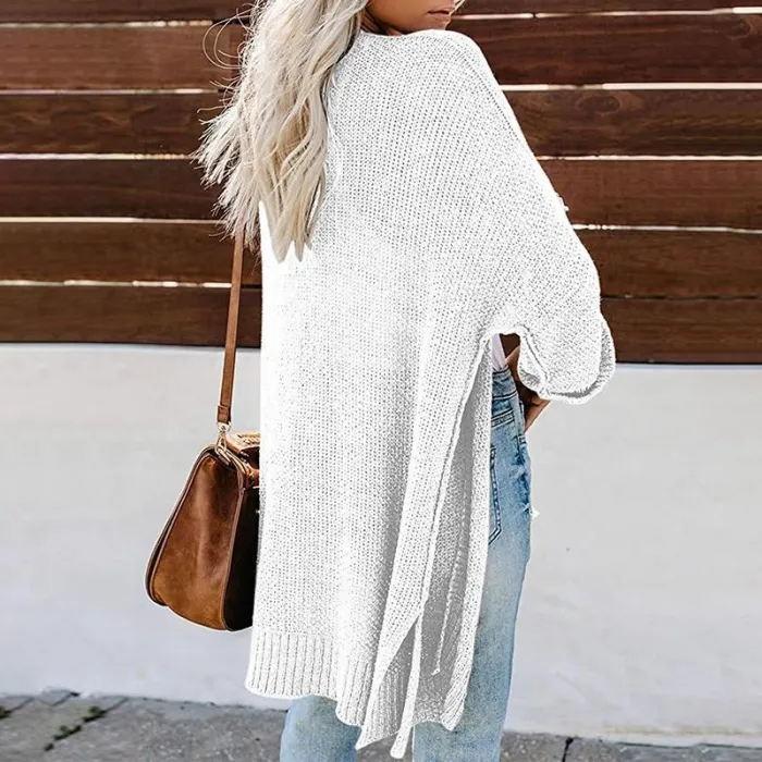Casual Side Slit Soft Long Sleeve Midi Sweater Cardigan