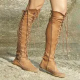 Women PU Booties Casual Lace Up Knee Length Flat Shoes