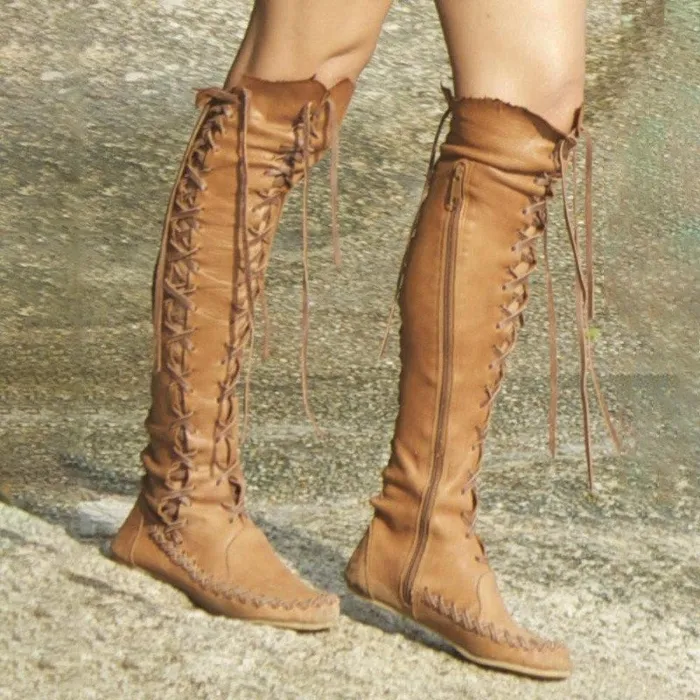 Women PU Booties Casual Lace Up Knee Length Flat Shoes